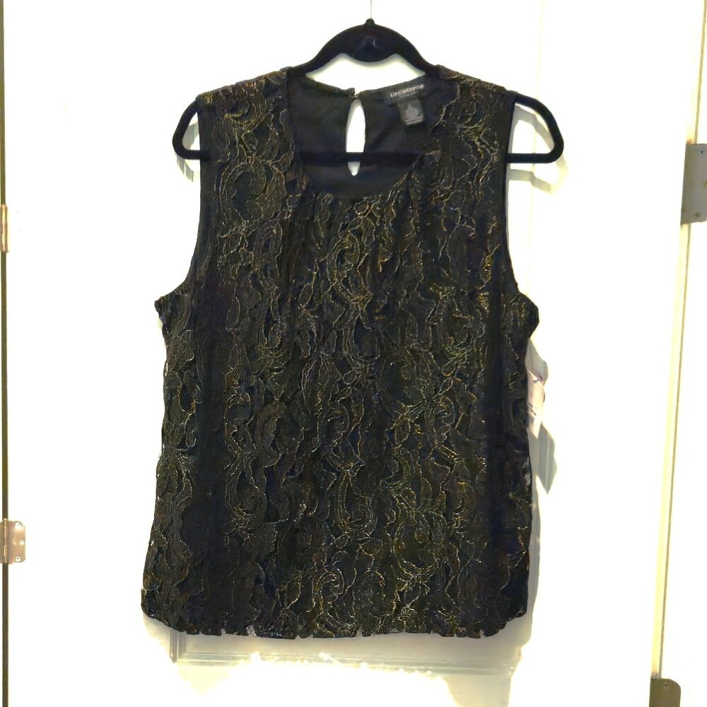 Liz Claiborne Career dressy black top with gold metallic threads, L, NWT!